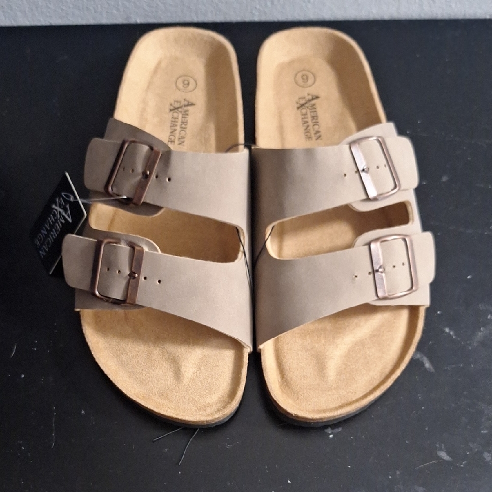 American Exchange Double Buckle Slide Sandals in Taupe